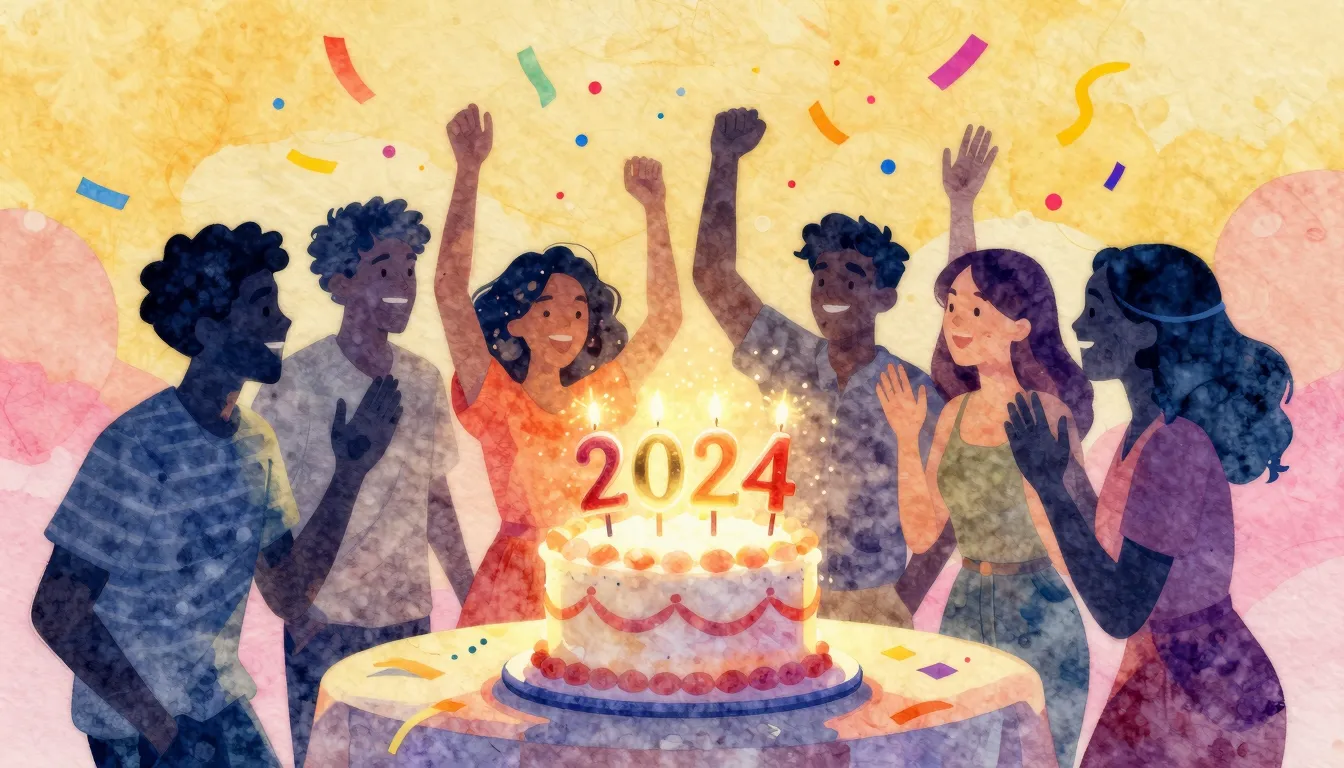 Watercolor style. A silhouette of a group of friends celebra...