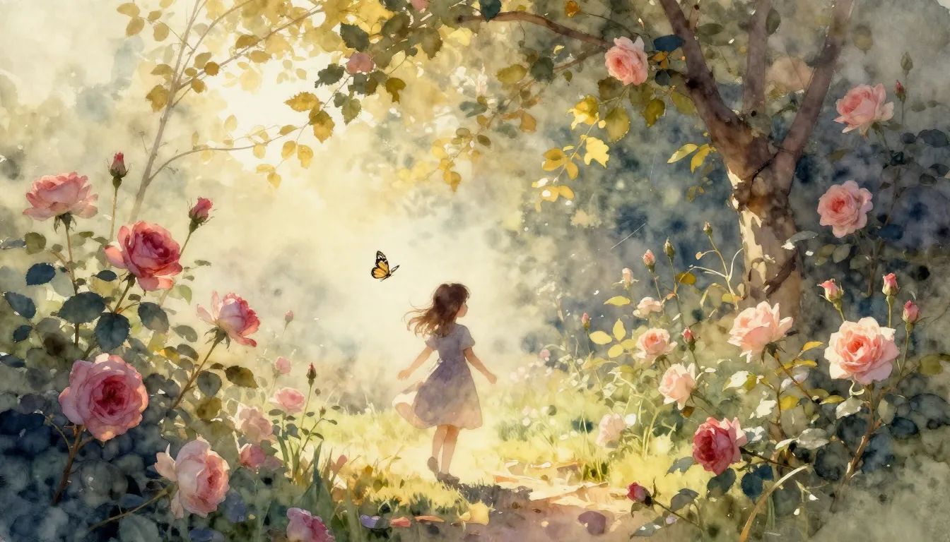 Watercolor style. A delicate vintage garden scene, soft sunl...