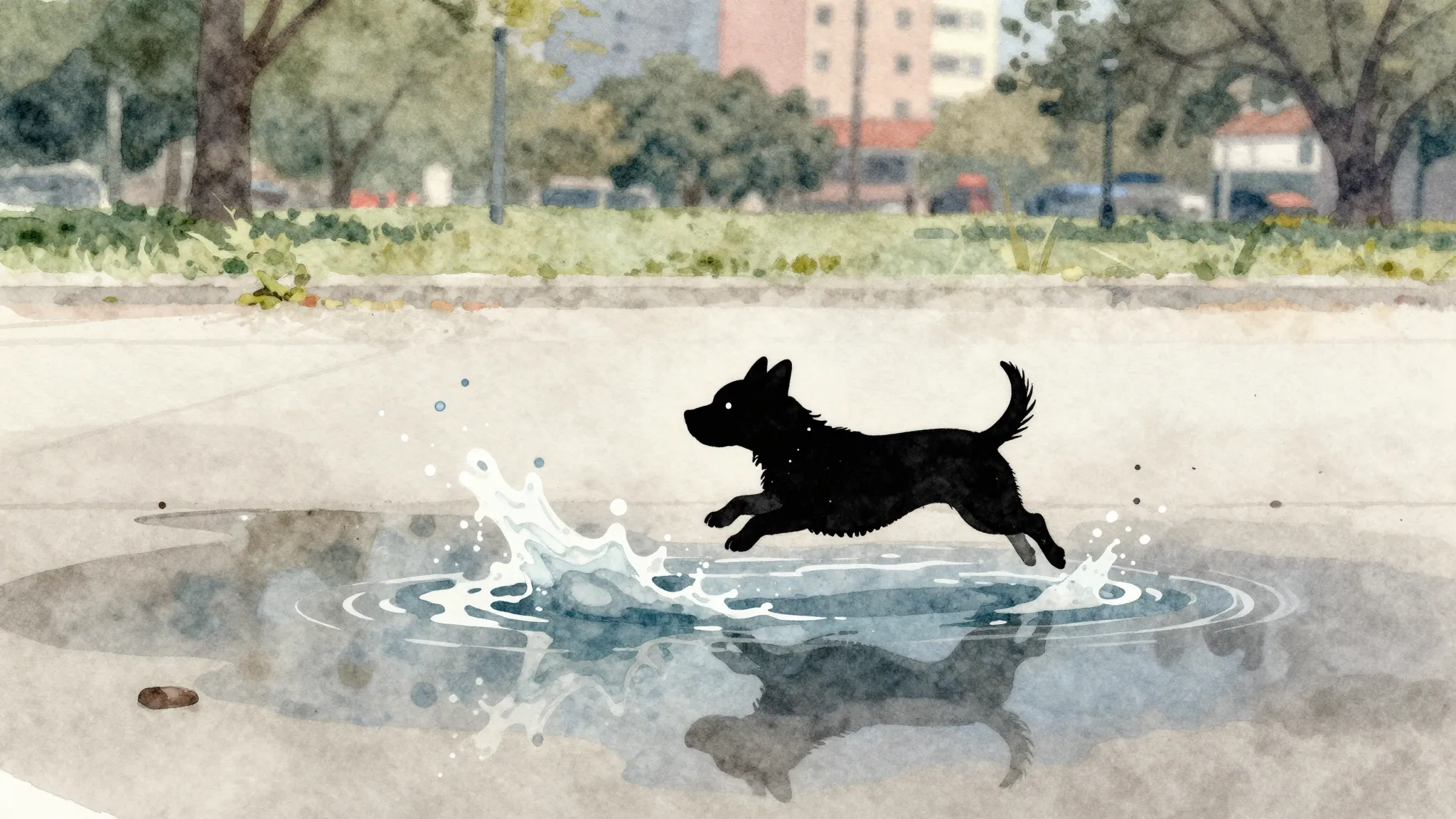 Watercolor style. Small silhouette of a tiny dog jumping int...