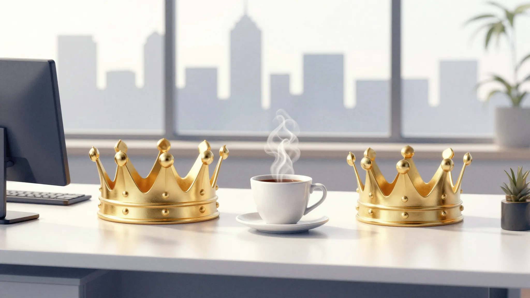 Watercolor style. A golden crown resting on a modern office ...