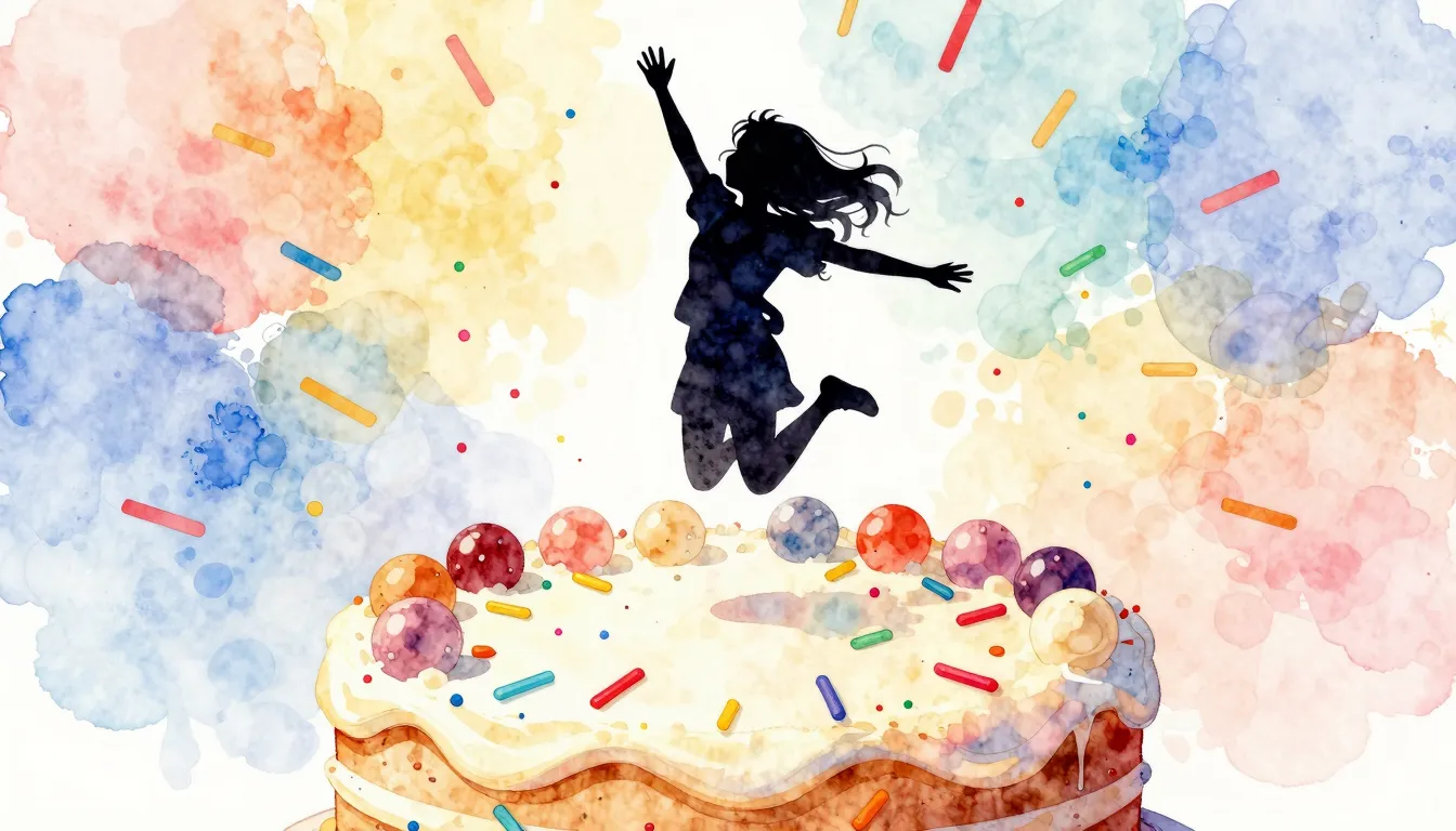 Watercolor style. A silhouette of a girl joyfully jumping on...