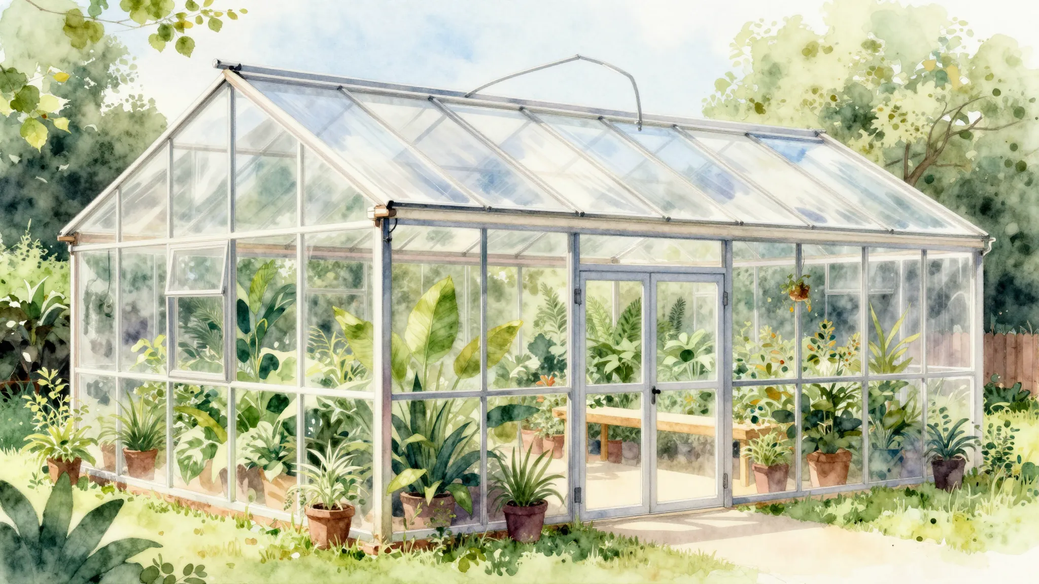 Watercolor style. A bright and sunny greenhouse made of tran...