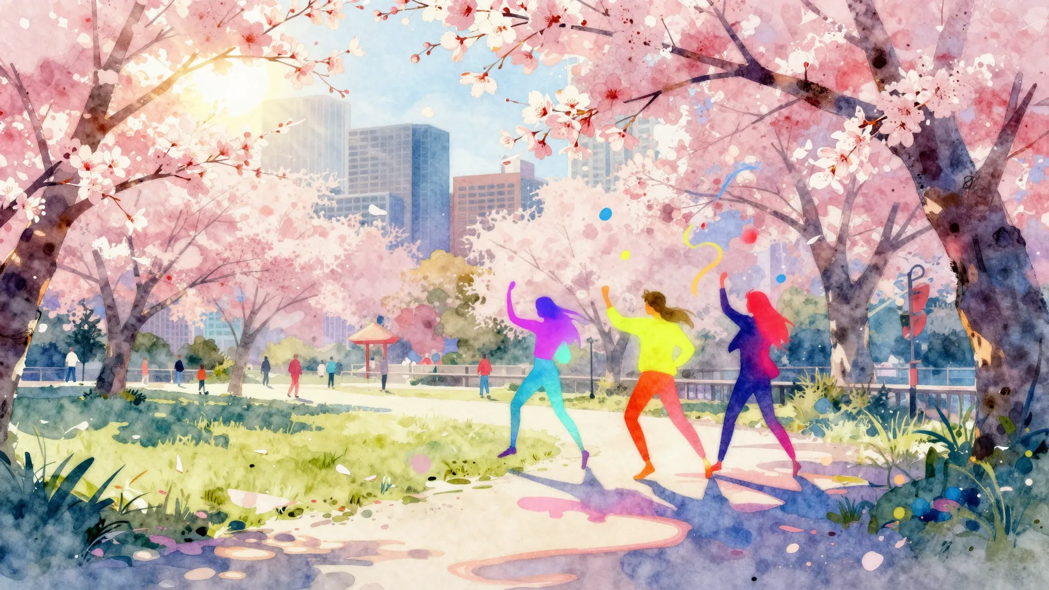 Watercolor style. Bright spring sun shining over a city park...