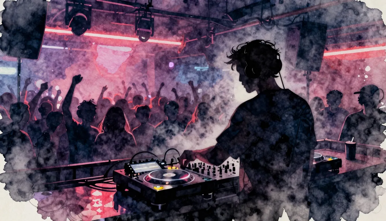 Watercolor style. Silhouette of a DJ at a turntable in a cro...