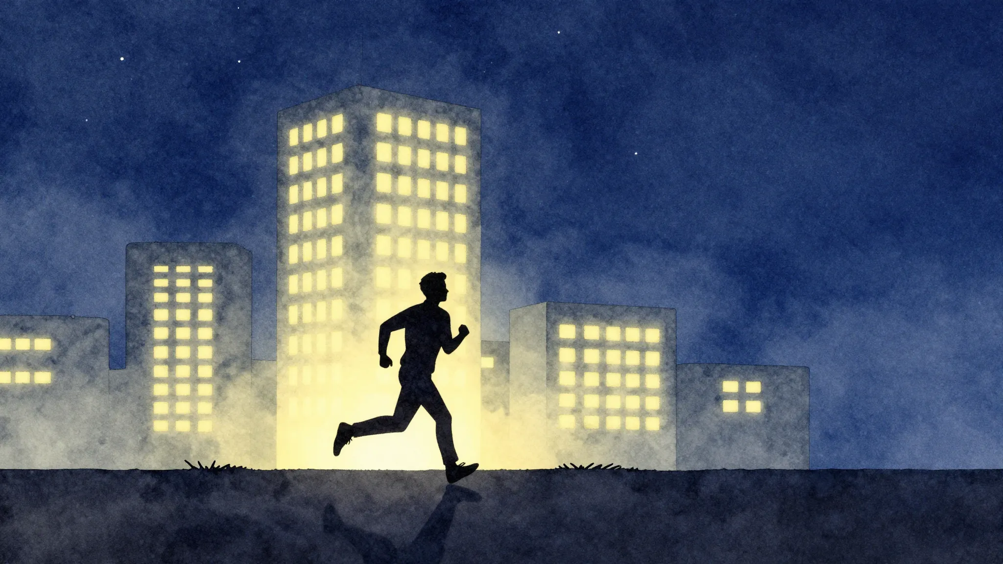 Watercolor style. A silhouette of a man running towards a gl...