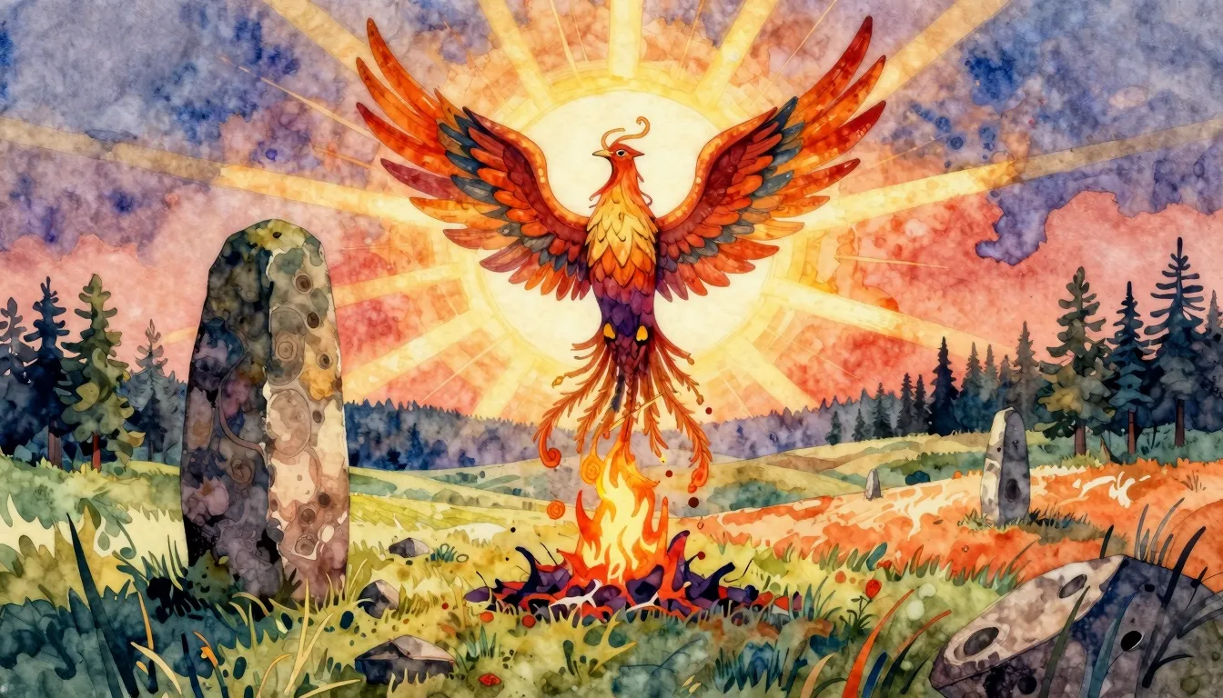 Vibrant watercolor style. Folk album cover: Slavic phoenix r...