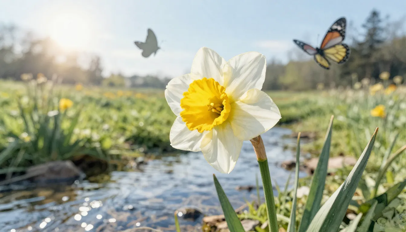 Watercolor style. A single yellow and white narcissus flower...