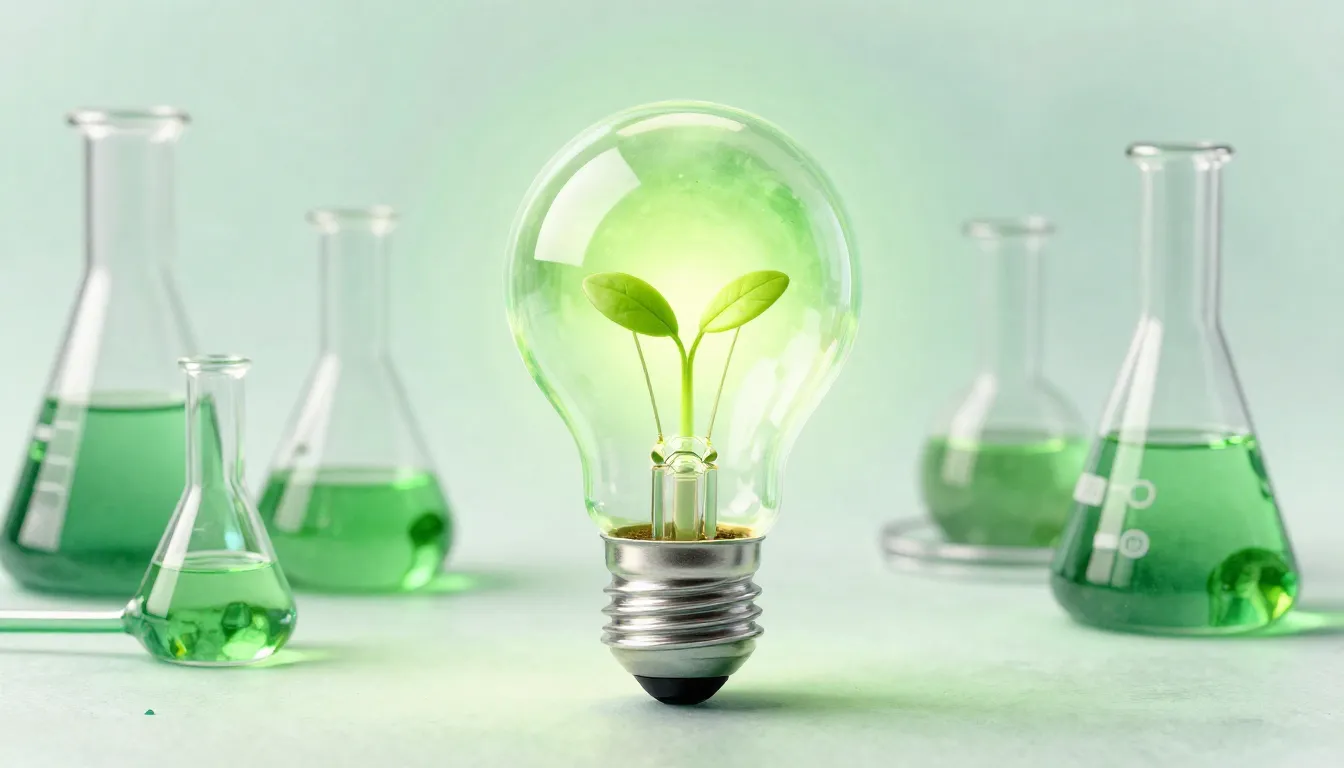 Watercolor style. A glowing green lightbulb with a small spr...