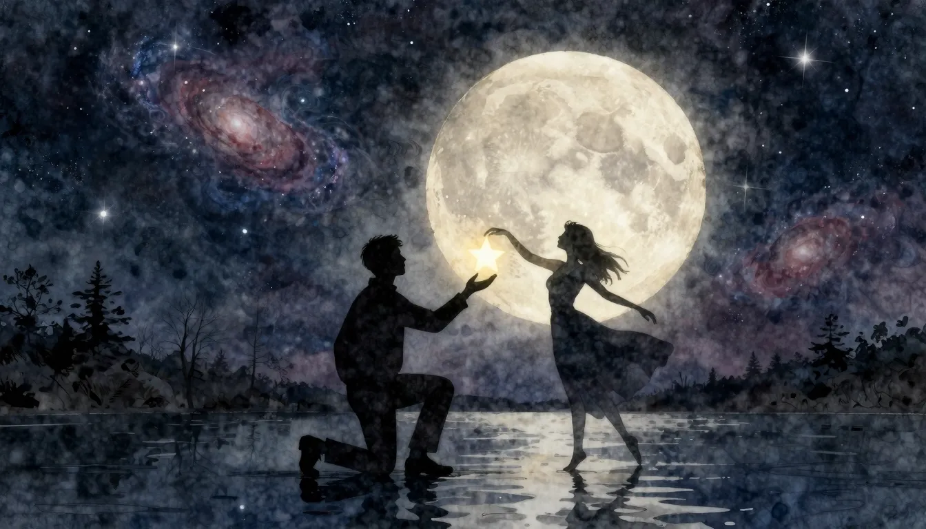 Watercolor style. A silhouette of a man on one knee, offerin...