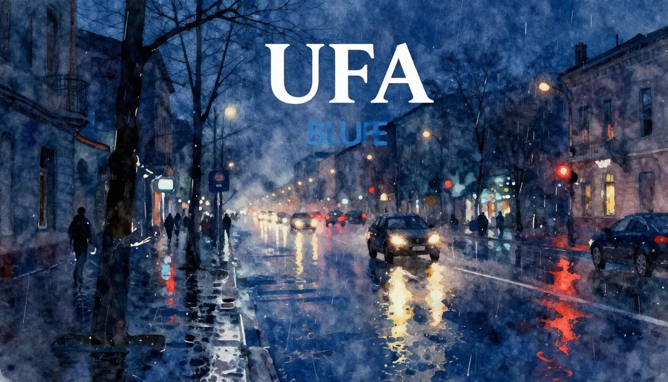 Vibrant watercolor style. Night Ufa blues album cover. Rainy...