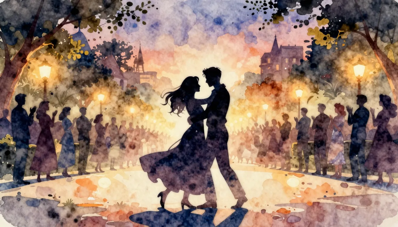 Watercolor style. A silhouette of a couple dancing in a park...