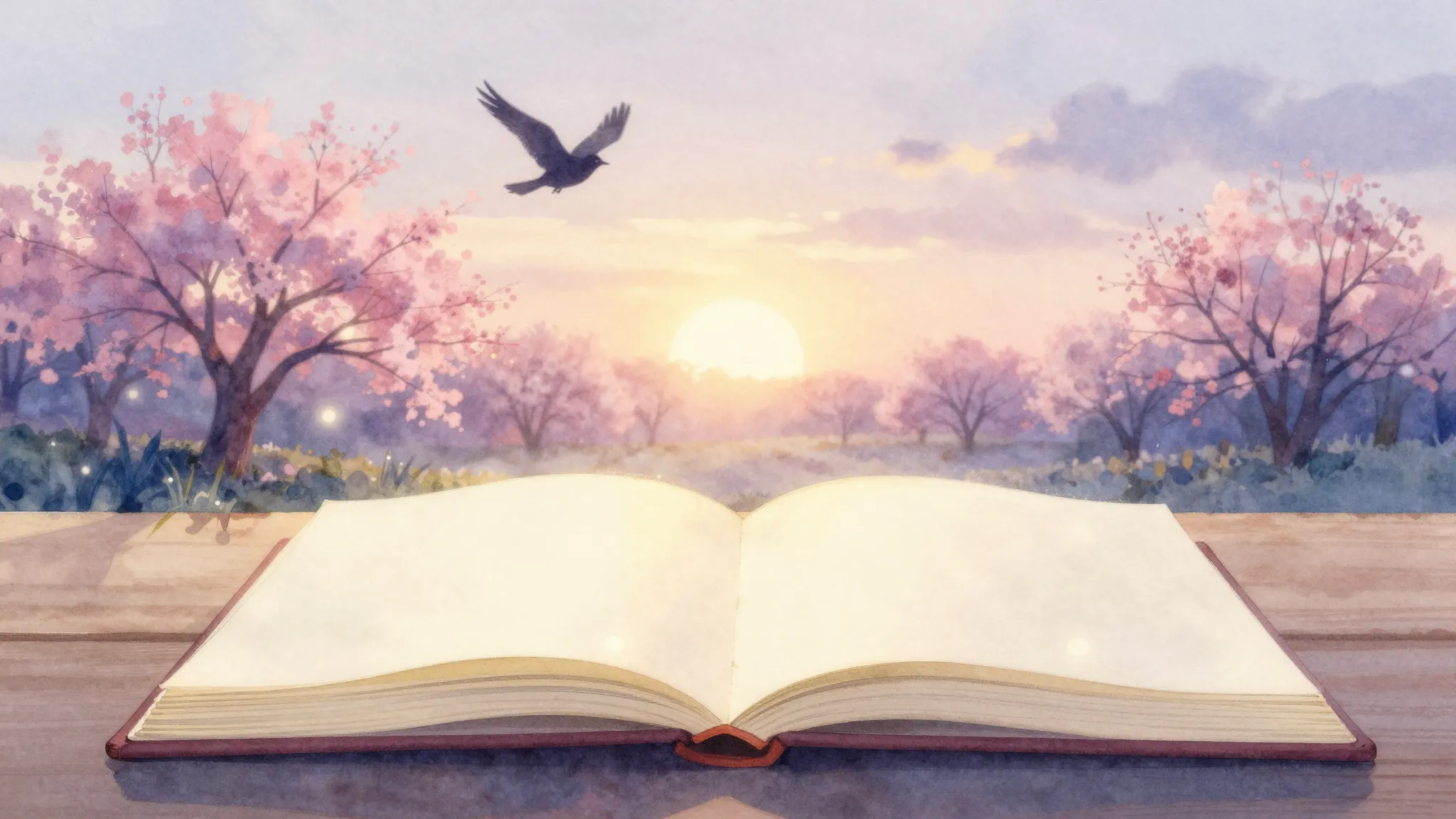 Watercolor style. Spring sunrise landscape, open notebook on...