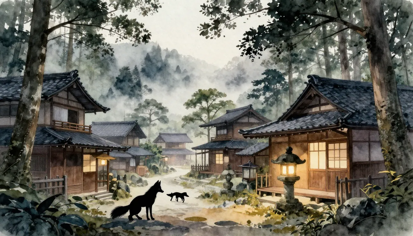 Watercolor style. Ancient Japanese village hidden in misty c...