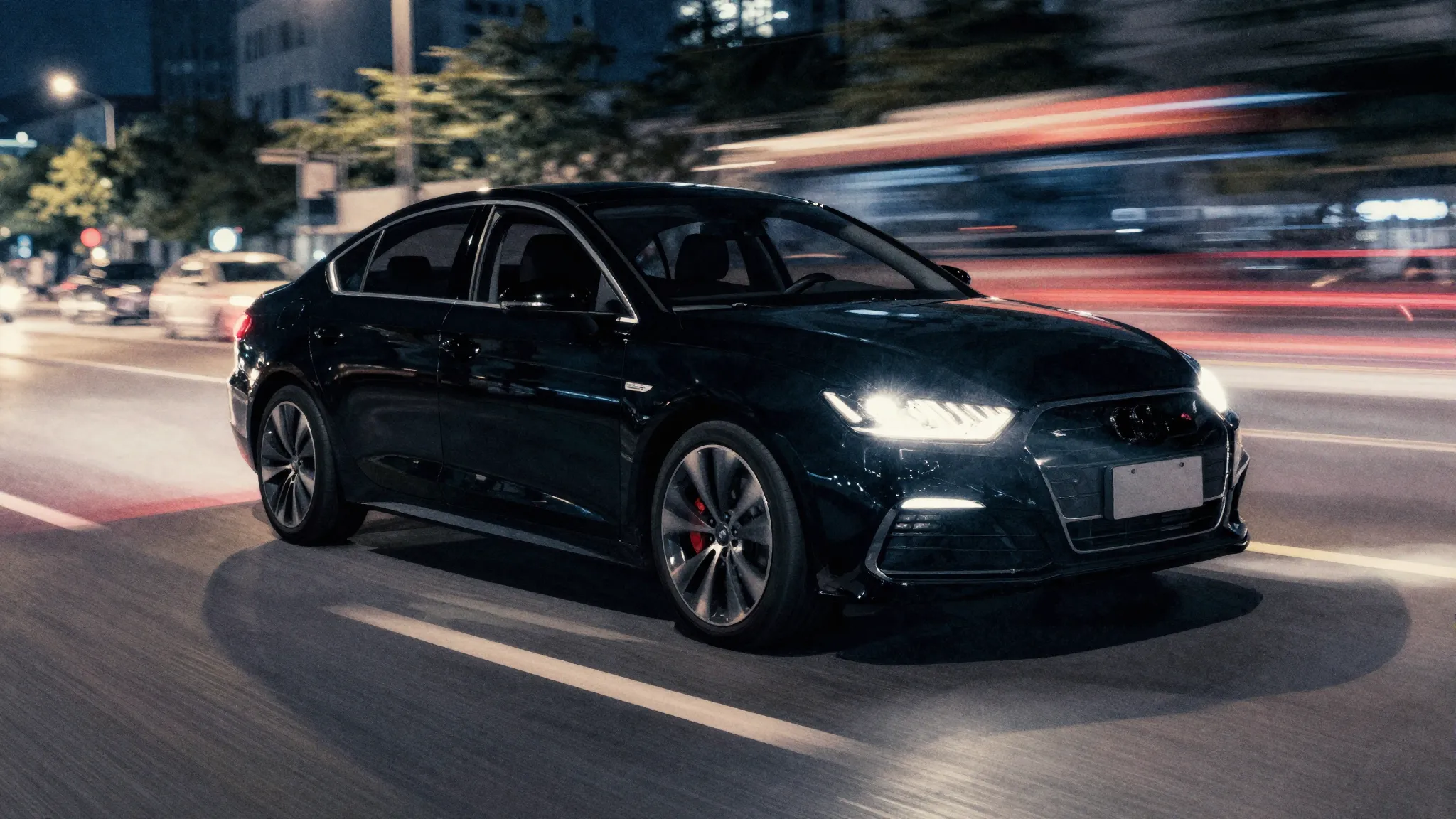 Watercolor style. A silhouette of a modern sedan car speedin...