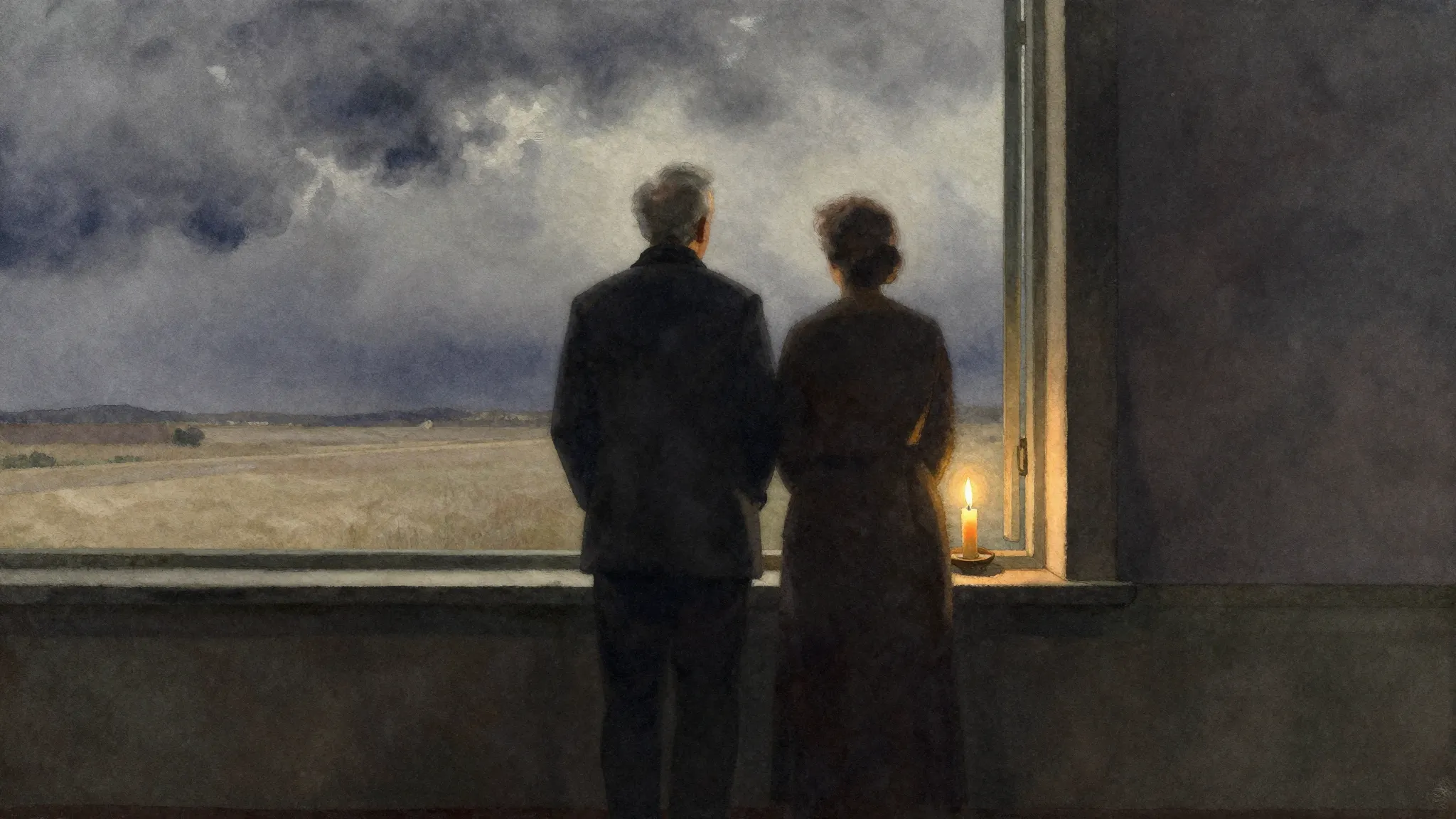 Watercolor style. A lonely silhouette of an old couple, a ma...