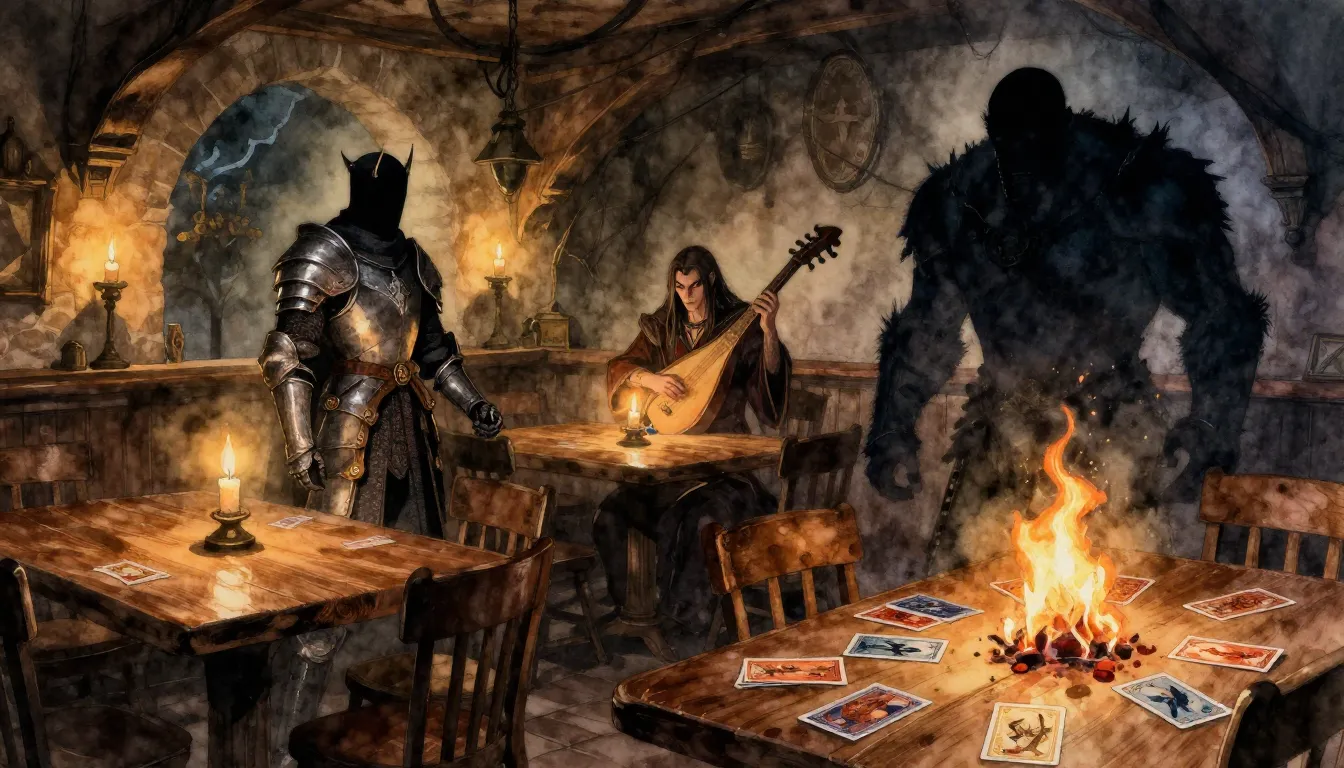 Watercolor style. Dark fantasy tavern interior, wooden table...