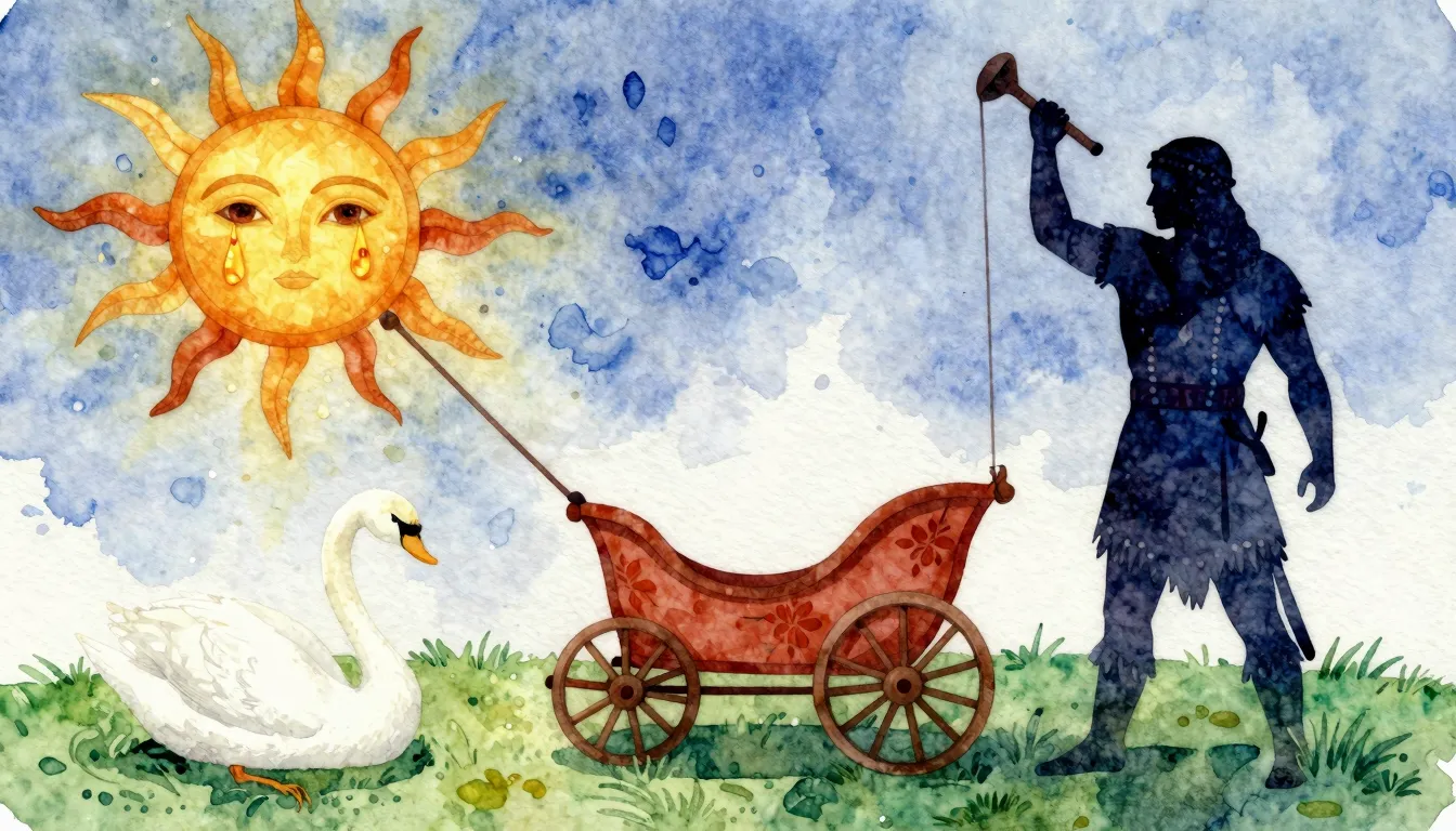 Vibrant watercolor style. Folk song album cover. Sun chariot...