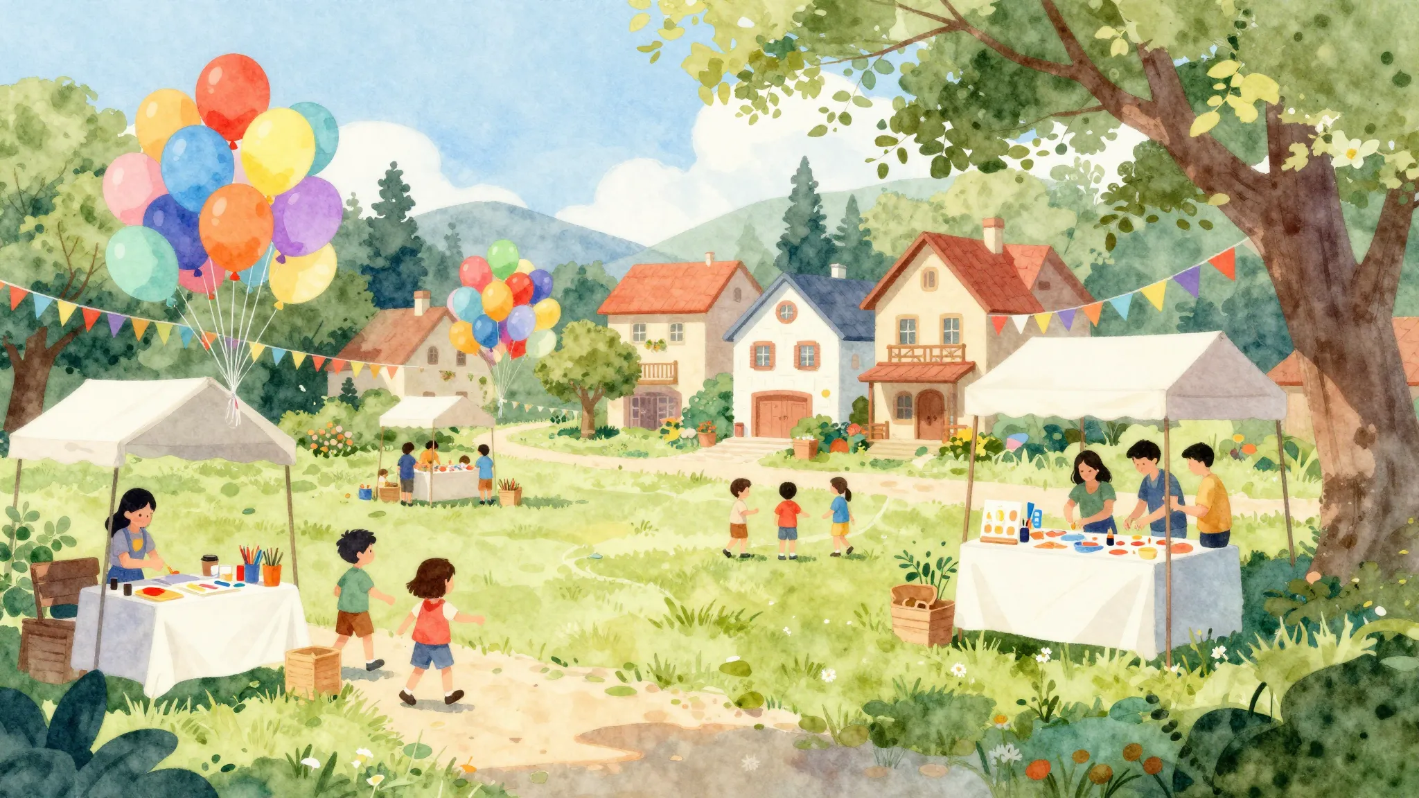Watercolor style. Vibrant village festival scene, colorful b...