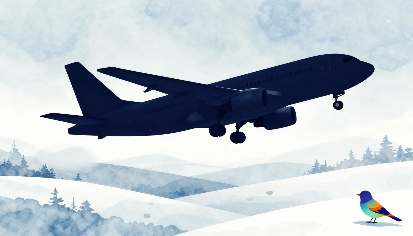 Watercolor style. A stylized silhouette of an airplane flyin...