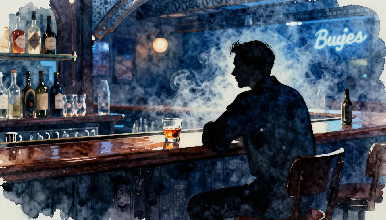 Watercolor style. A lonely silhouette sitting at a dark wood...