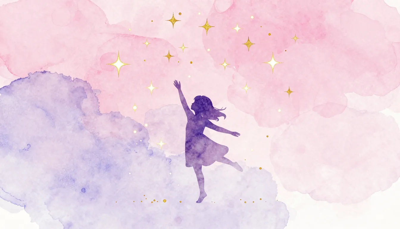 Watercolor style. A silhouette of a small girl dancing under...
