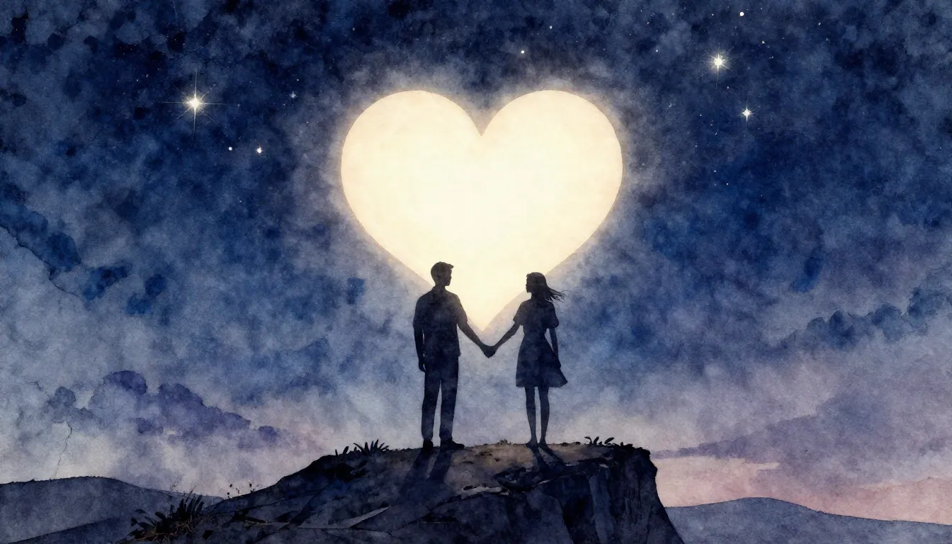 Watercolor style. Silhouette of two figures holding hands on...