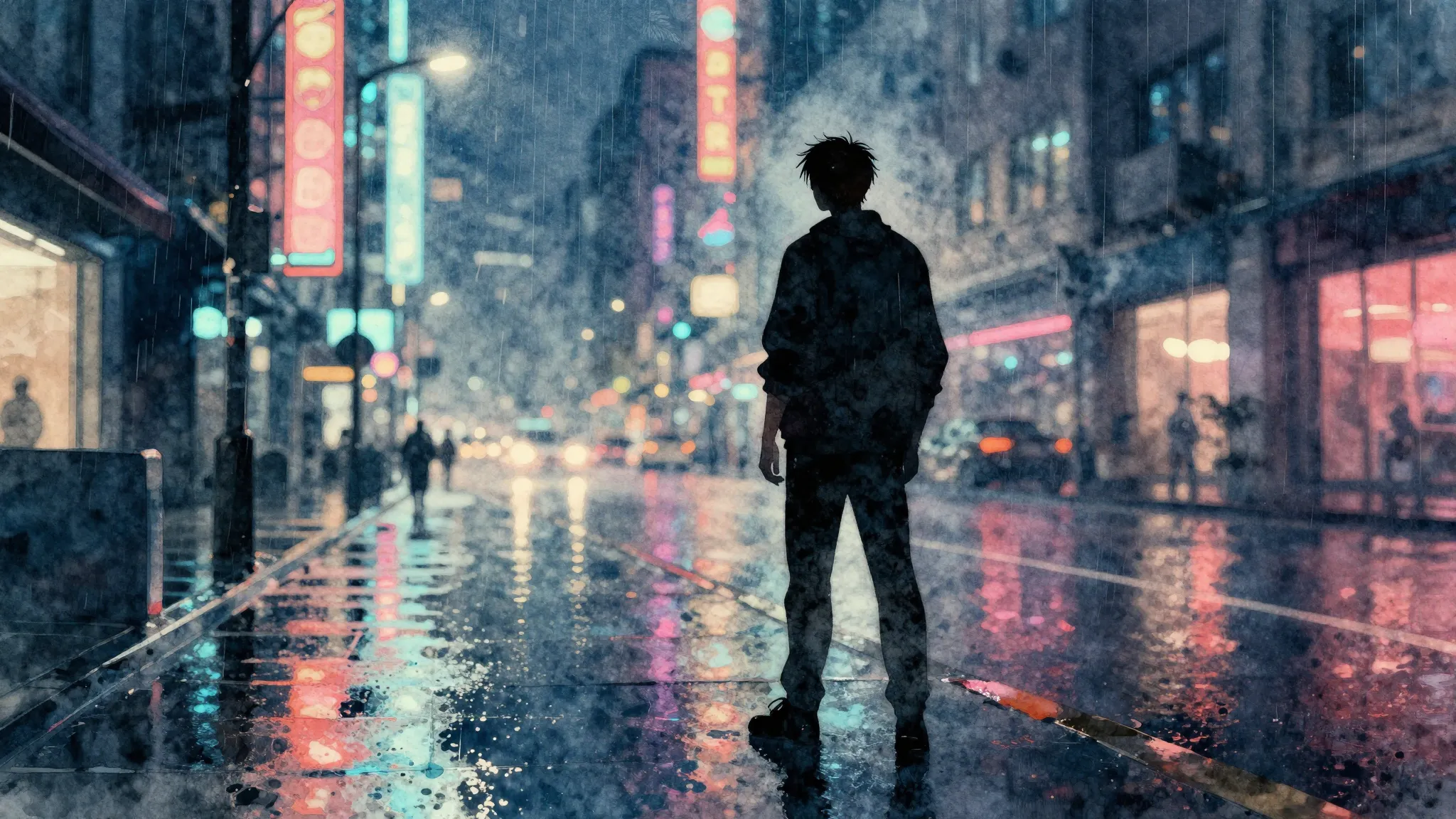 Watercolor style. A lone male silhouette stands on a neon-li...