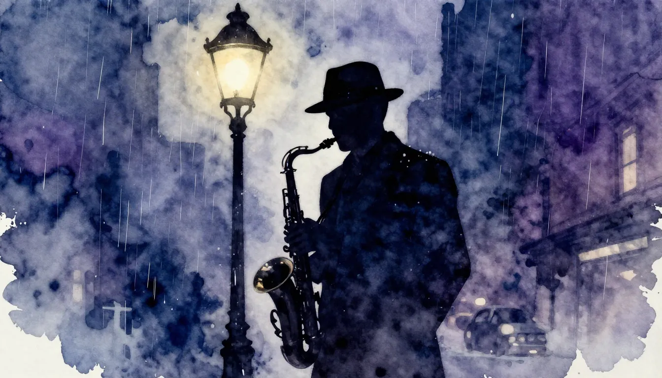 Watercolor style. Noir style silhouette of a man in a fedora...