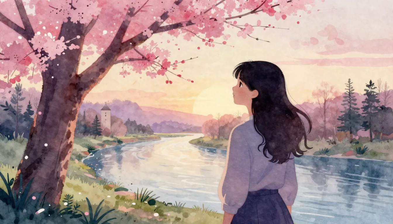 Vibrant watercolor style. A young woman's silhouette by a ch...