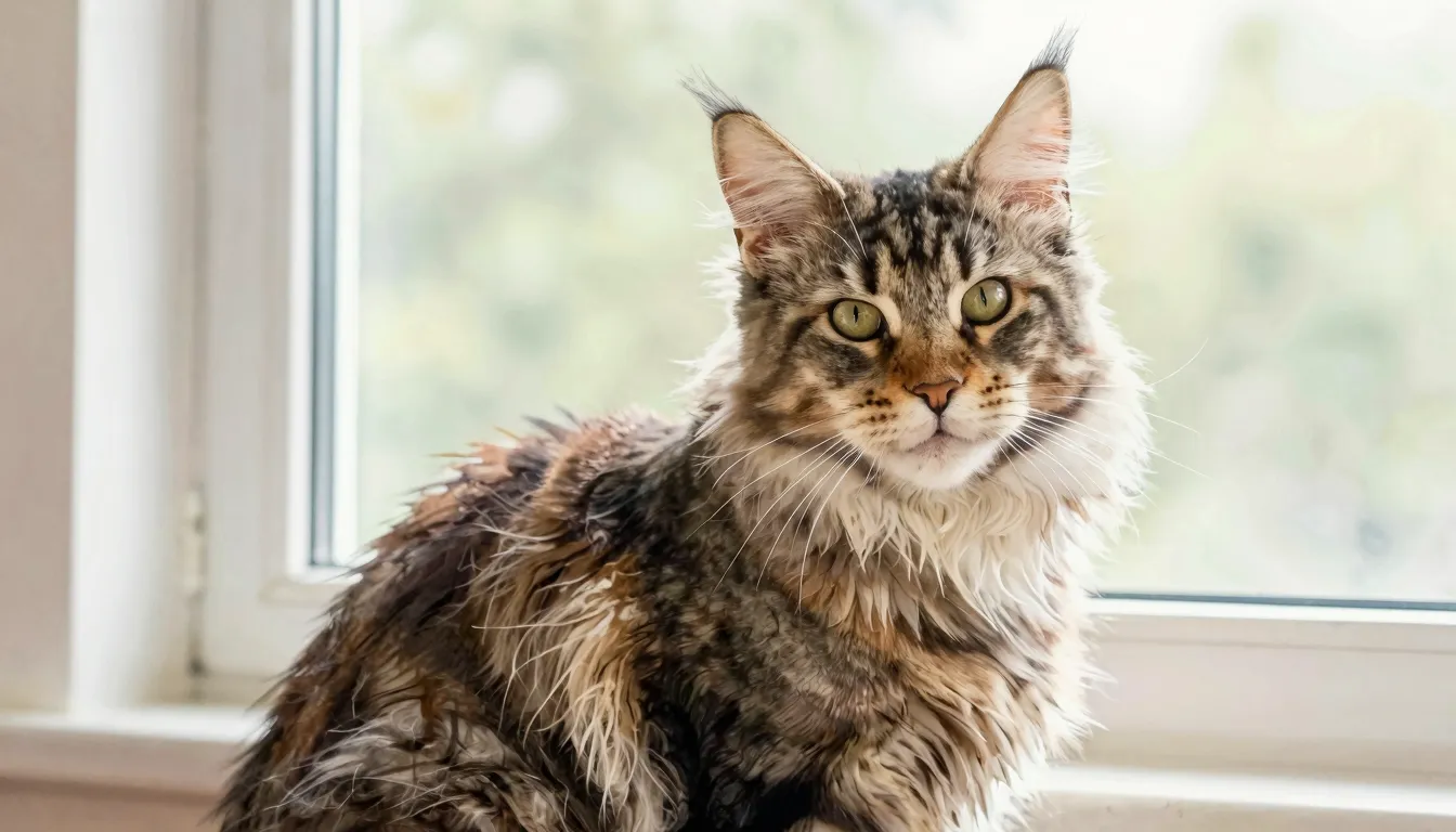 Watercolor style. A majestic Maine Coon cat with large tufte...