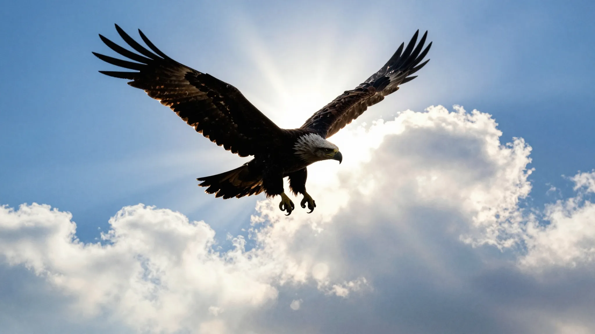 Watercolor style. Silhouette of an eagle soaring high in the...