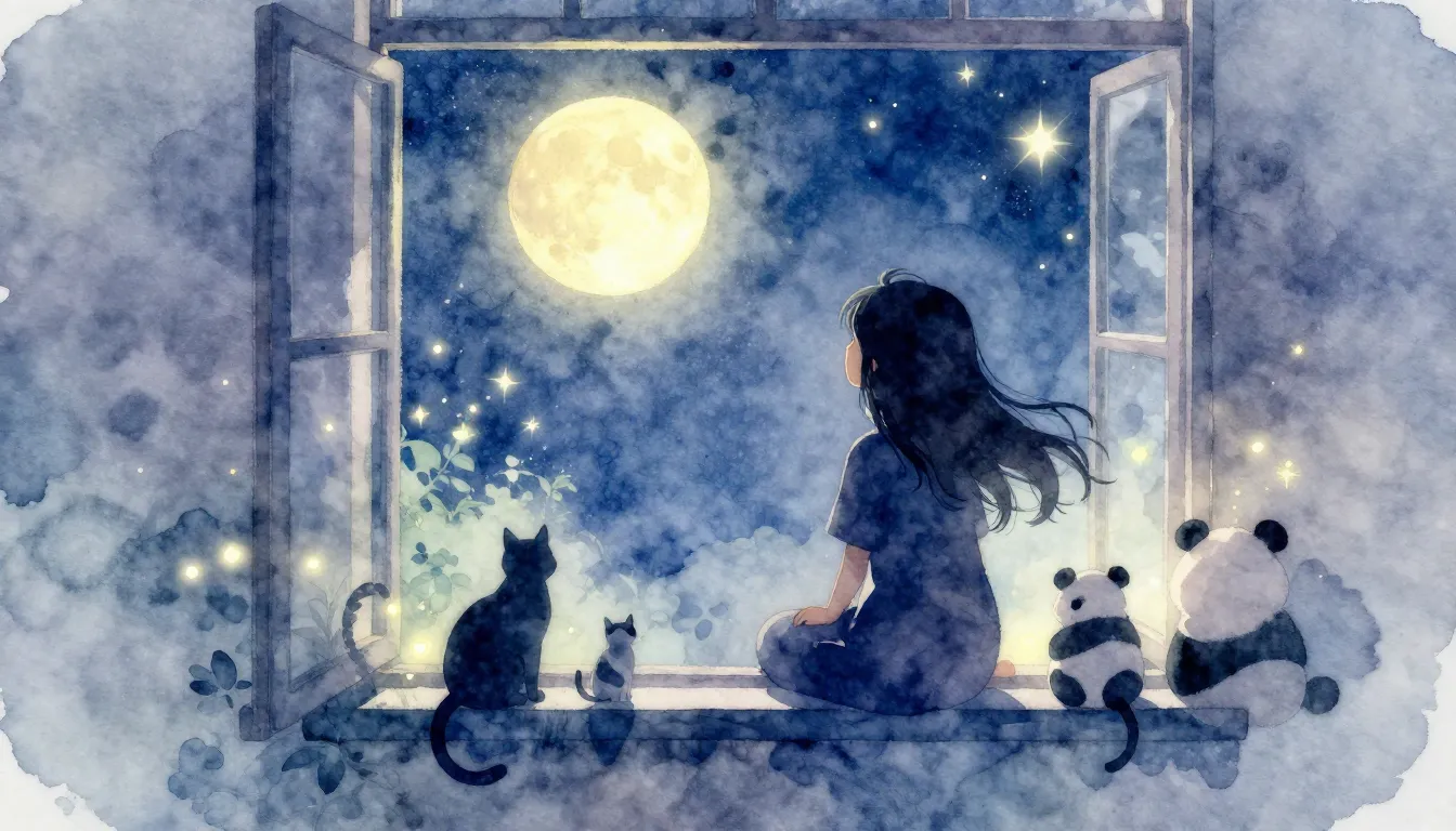 Watercolor style. A silhouette of a girl sitting by a window...