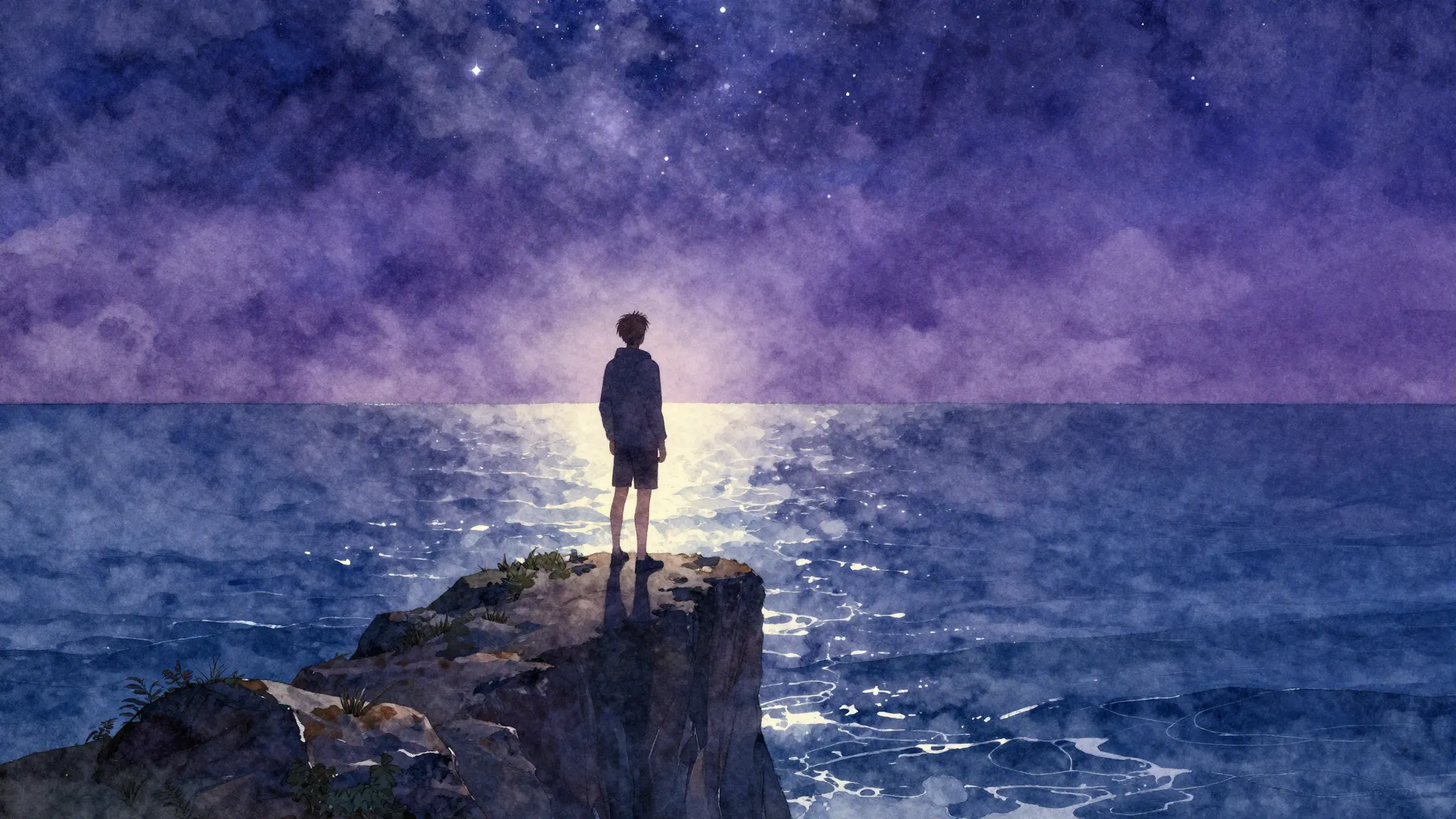 Watercolor style. A silhouette of a person standing on a hig...