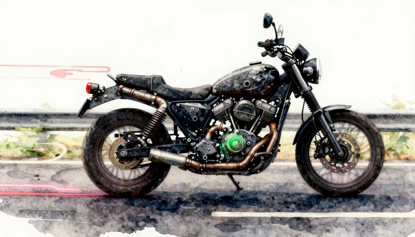 Watercolor style. Silhouette of a chaotic motorcycle made of...