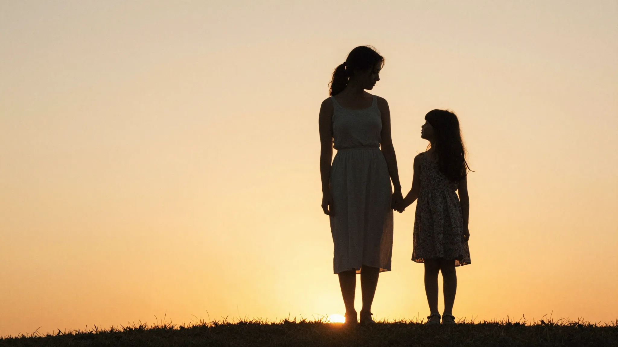 Watercolor style. A silhouette of a mother and an adult daug...