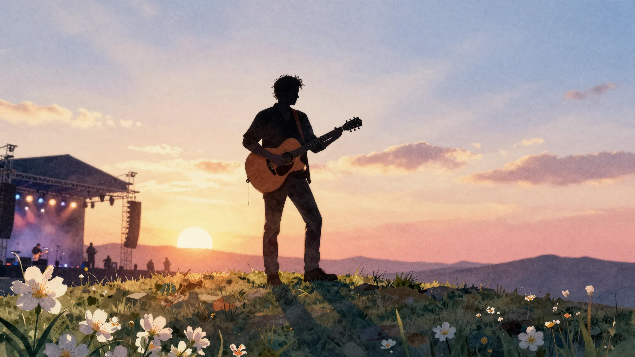 Watercolor style. Silhouette of a man with a guitar standing...
