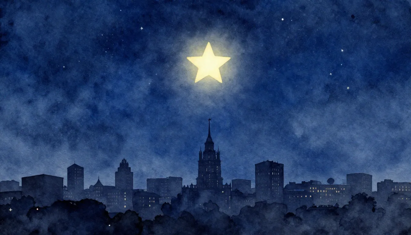 Watercolor style. A lonely bright star in the dark blue nigh...
