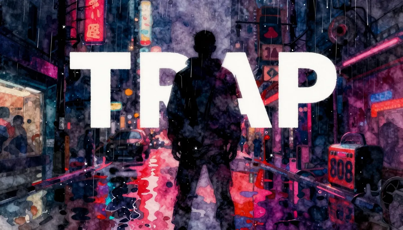 Vibrant watercolor style. Trap album cover, dark, gritty, ur...