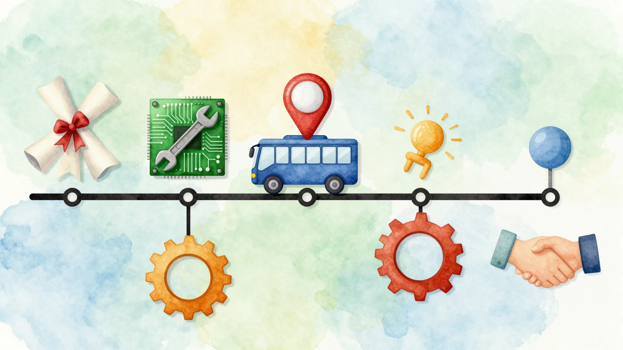Watercolor style. A stylized timeline graphic. It starts wit...