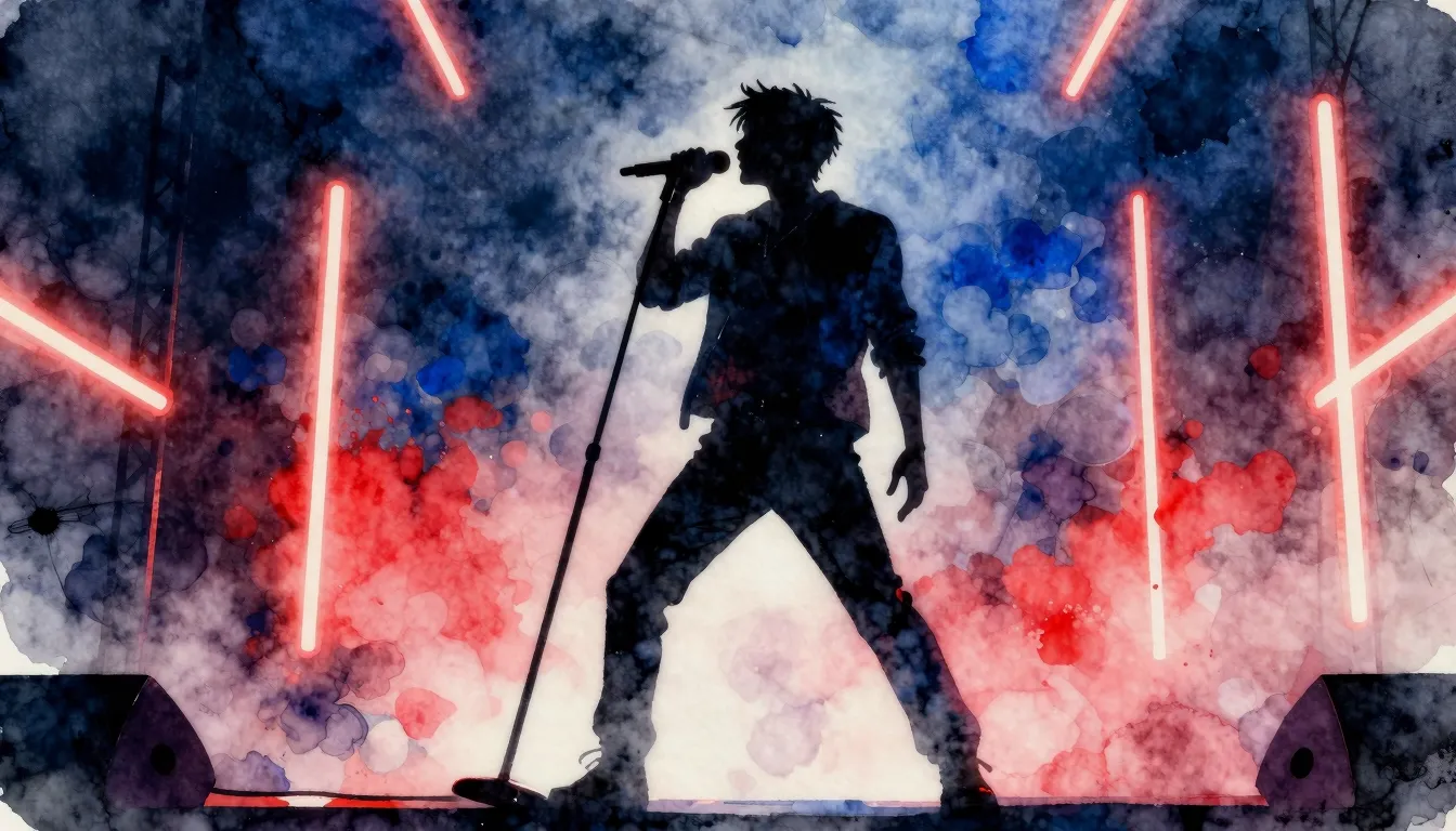 Watercolor style. Dark stage with bright neon lights, silhou...