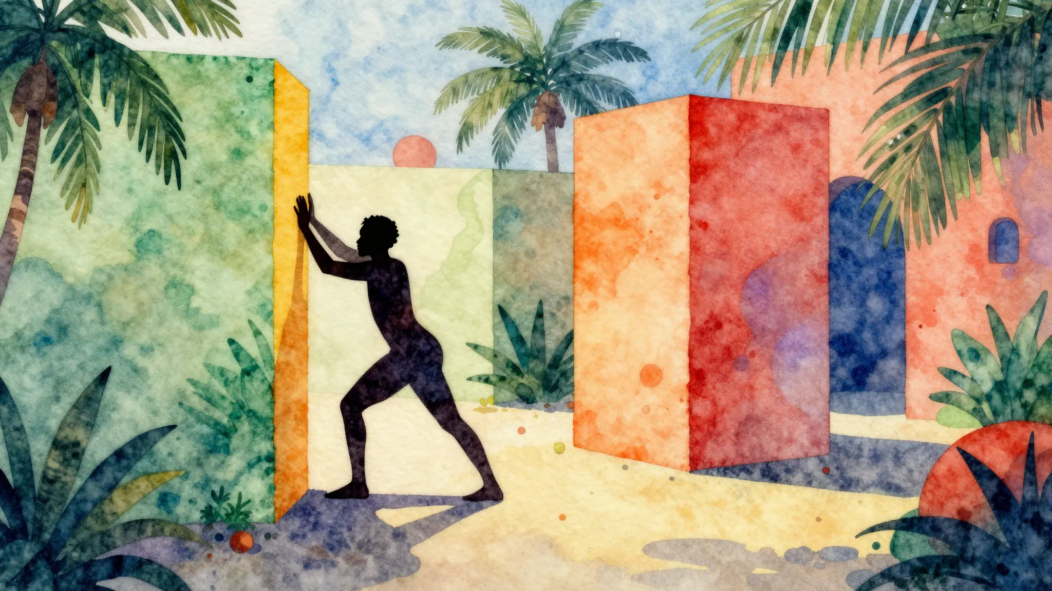 Watercolor style. A silhouette of a person pushing against i...