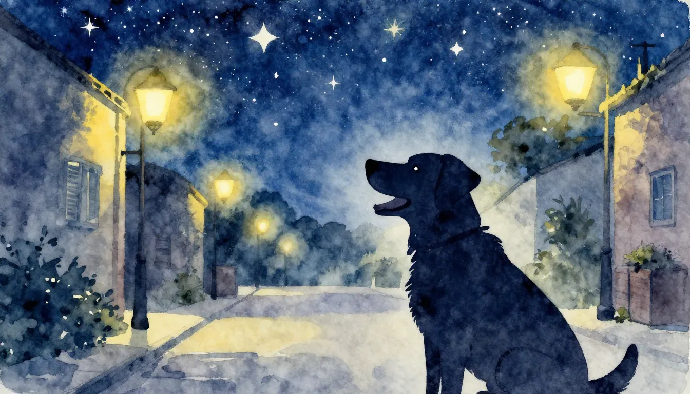 Watercolor style. A happy dog silhouette looking at the star...