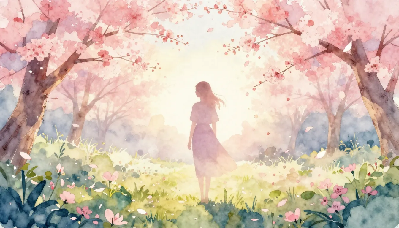 Watercolor style. A silhouette of a woman standing in a bloo...