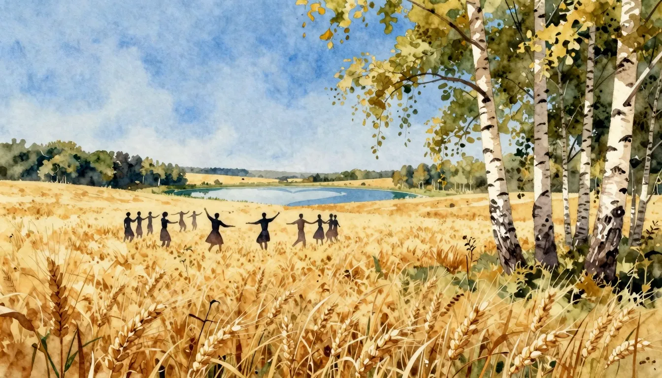 Watercolor style. A wide golden wheat field under a bright b...