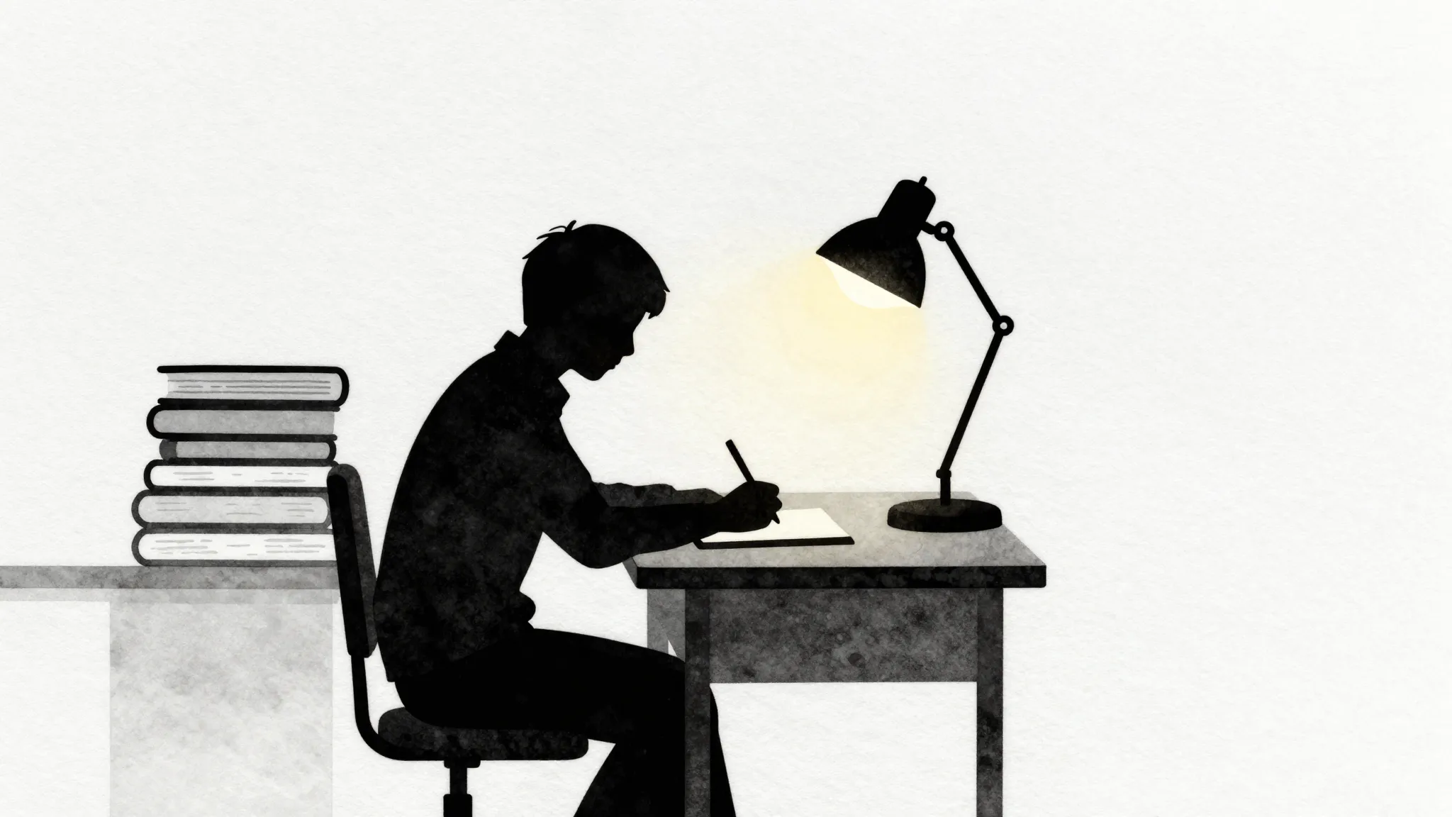 Watercolor style. Silhouette of a diligent student sitting a...