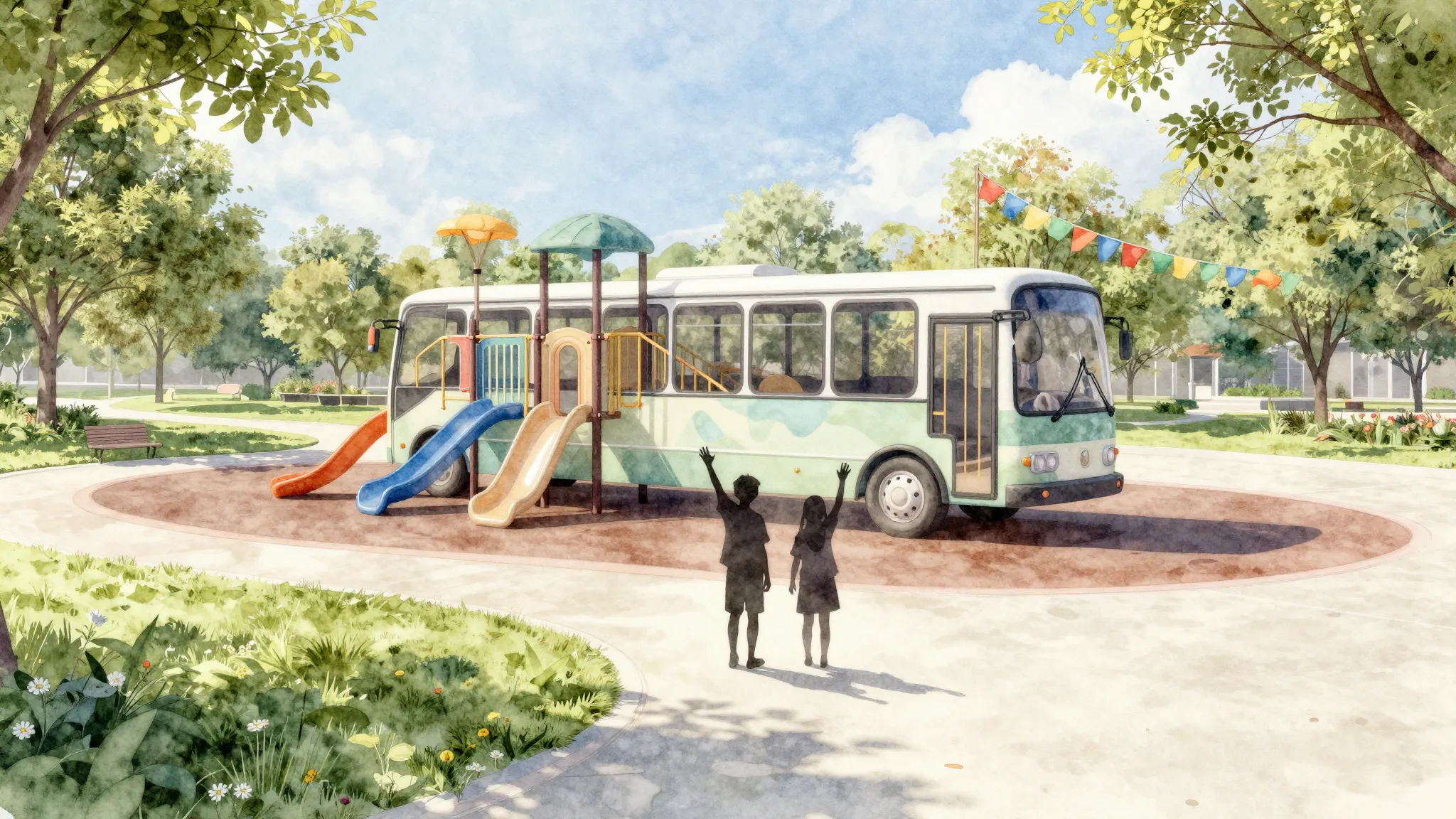 Watercolor style. A modern park landscape with a large bus-t...