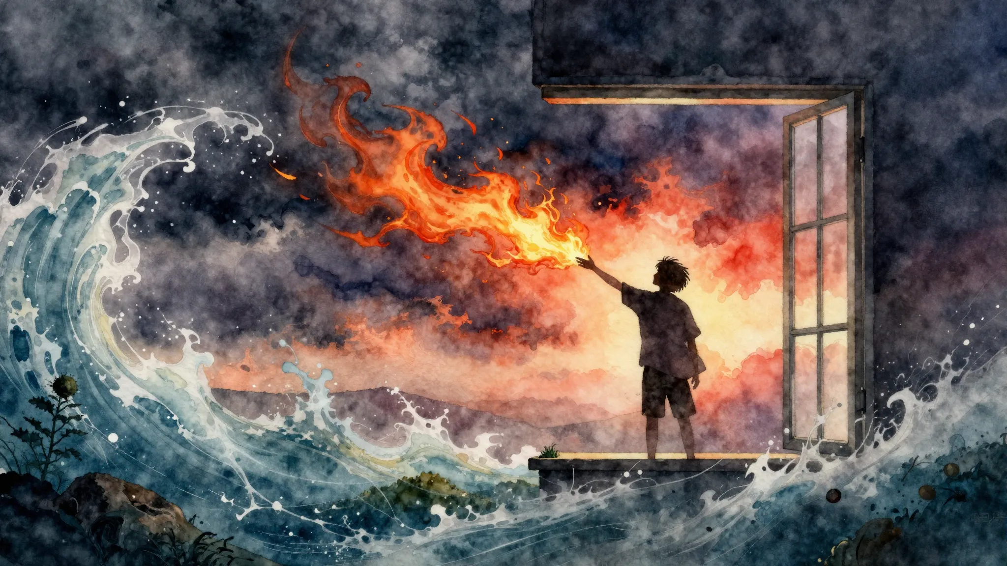 Watercolor style. A silhouette of a person standing by an op...