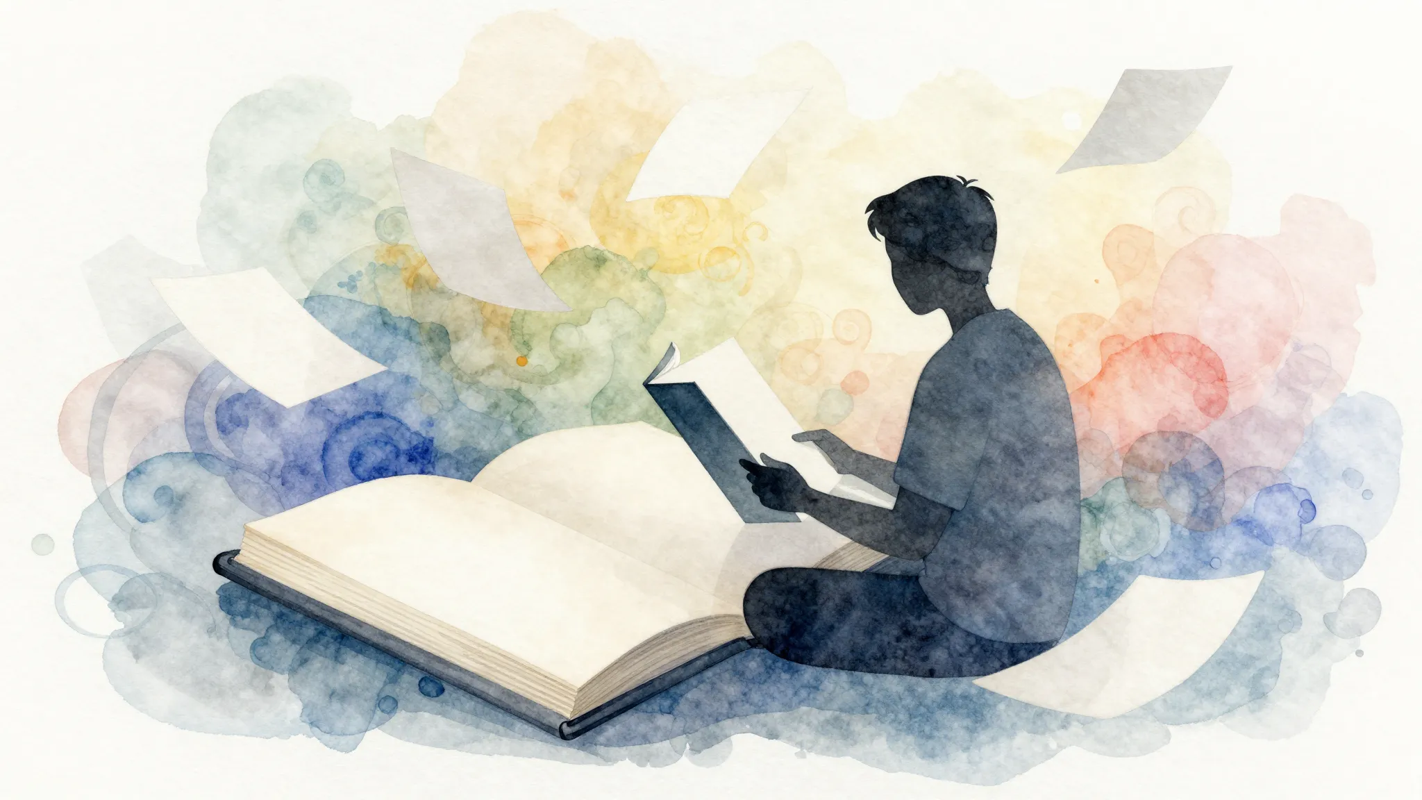 Watercolor style. A minimalist silhouette of a person sittin...