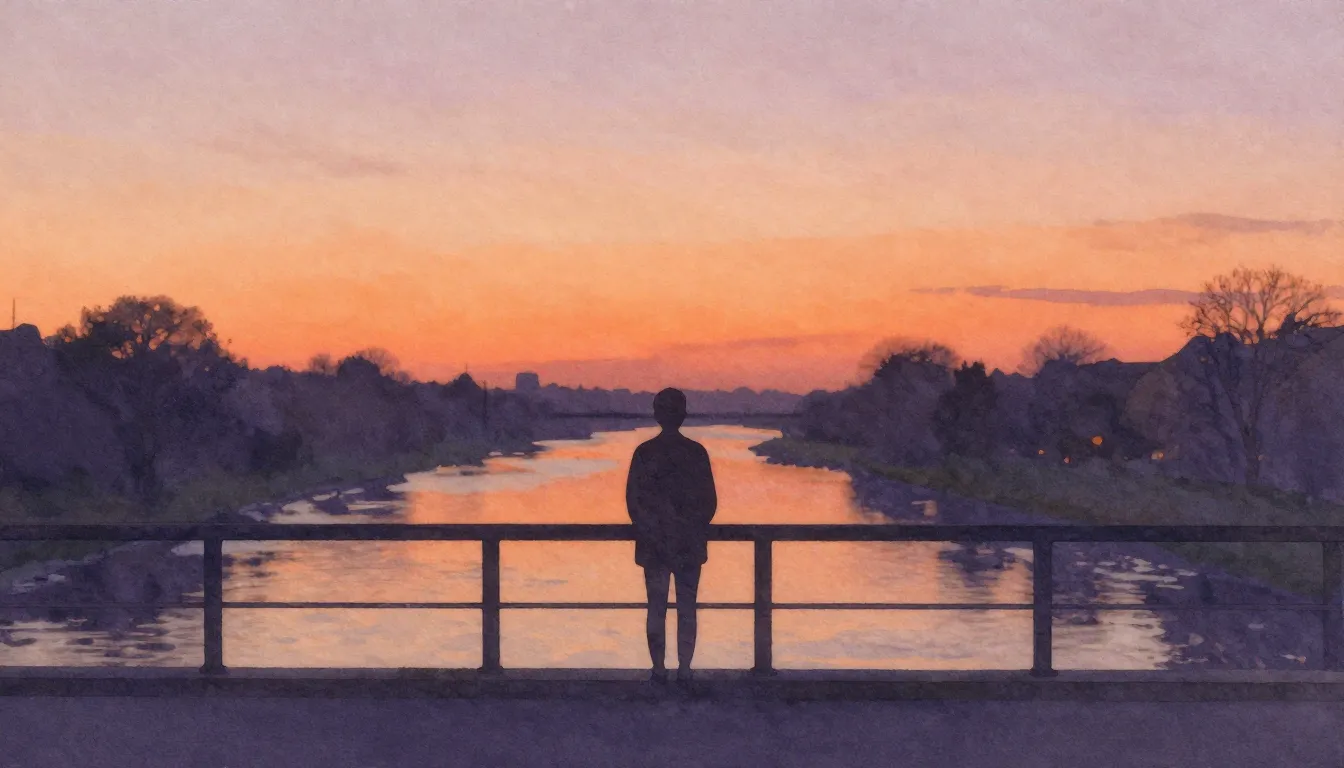 Watercolor style. A silhouette of a person standing on a bri...