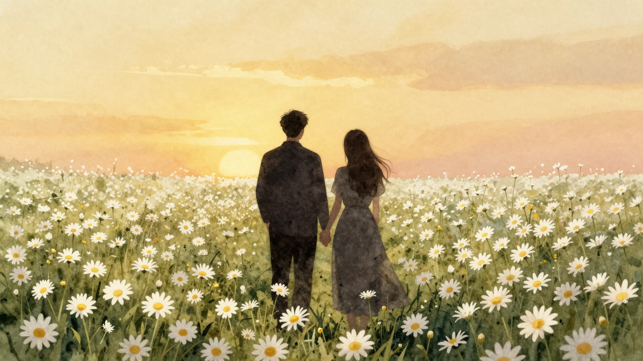 Watercolor style. Two dark silhouettes of lovers standing in...